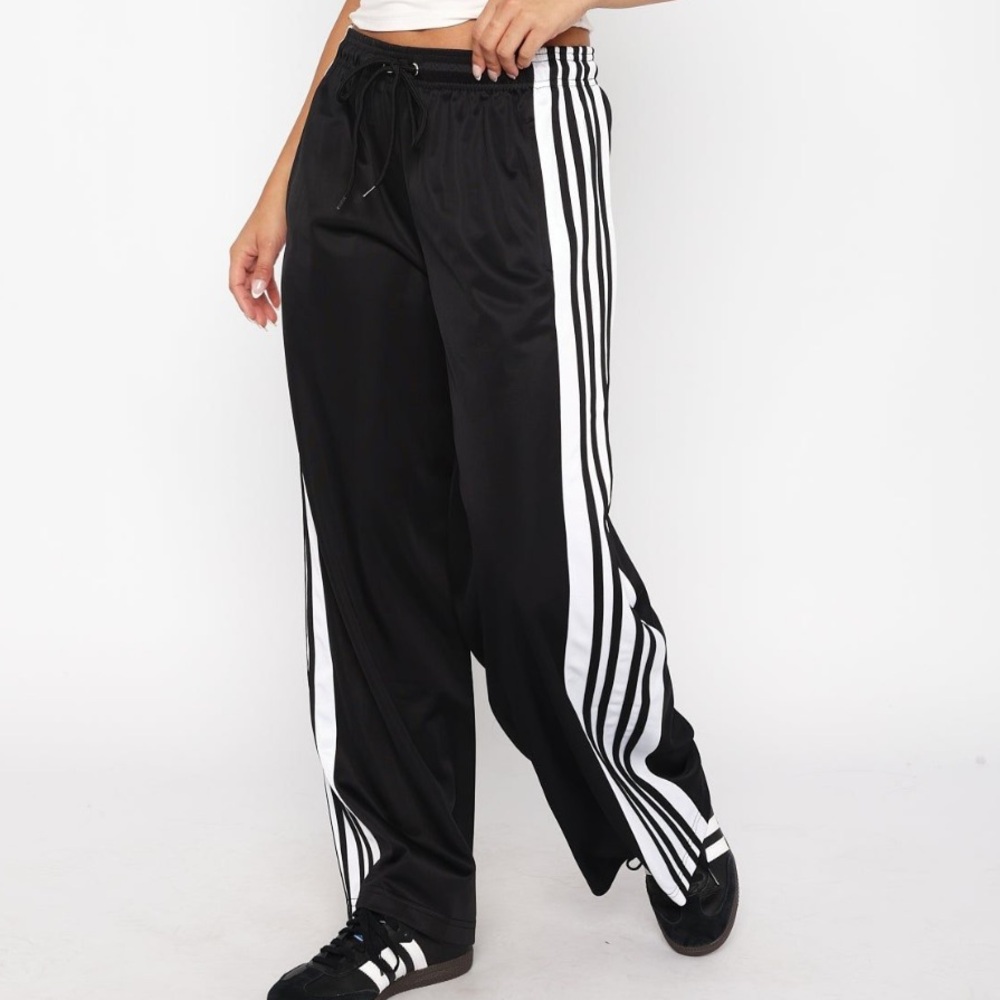 White Fox Boutique Black Track Pants with White Stripes